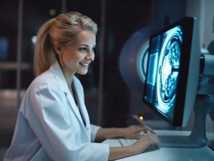 Portrait of handsome men doctor working in modern hospital interpreting images