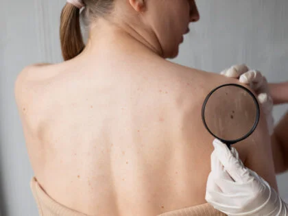 Female doctor diagnosing a melanoma on the body of a female patient