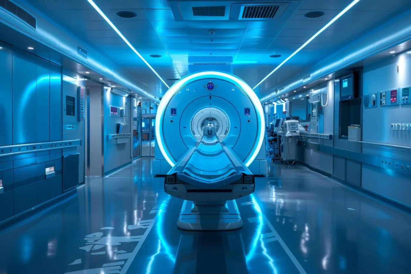 a modern medical facility with advanced equipment and technology featuring MRI machines