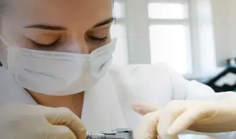 dental course online - female dentist in white coat and mask operates