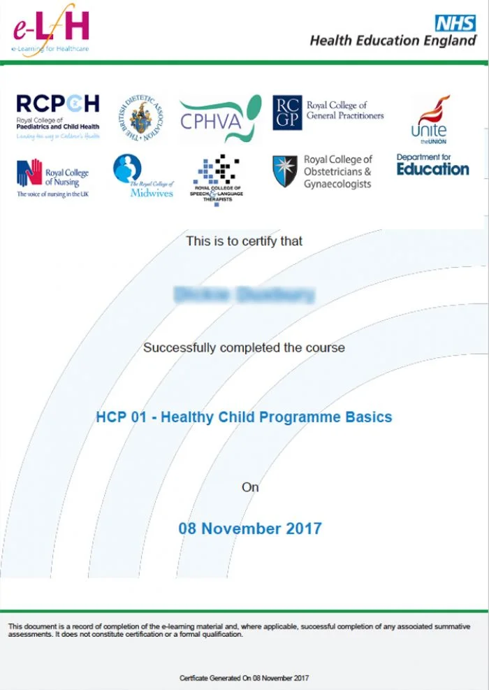 Healthy child course certificate