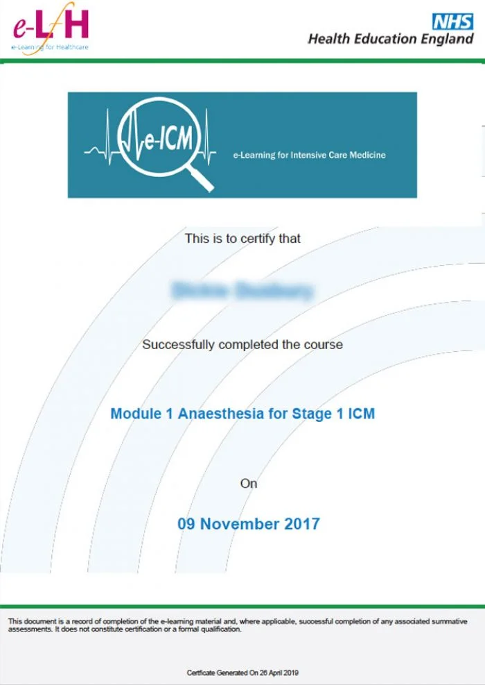 intensive care medicine course certificate