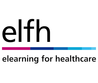 elfh elearning for healthcare logo, black font with pink and blue line disecting horizontally