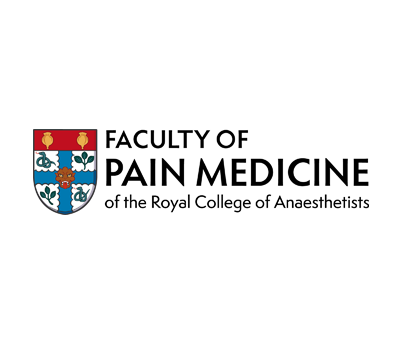 Faculty of Pain Medicine of the Royal College of Anaesthetists logo with black font and a red, yellow and blue coat of arms