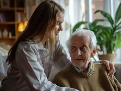 A woman gently holds the hand of an elderly man, showing care and support in their loving connection.