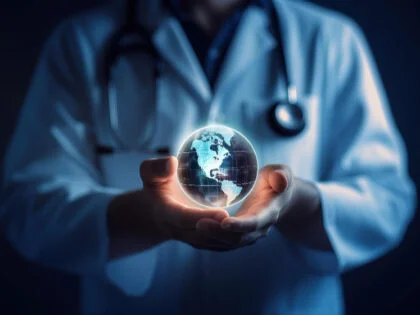 A doctor holding a glowing digital globe in their hands, symbolizing global healthcare and medical technology advancements.