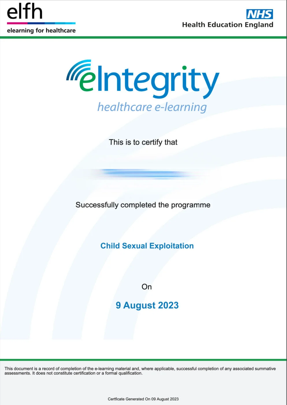 Child Sexual Exploitation Certificate