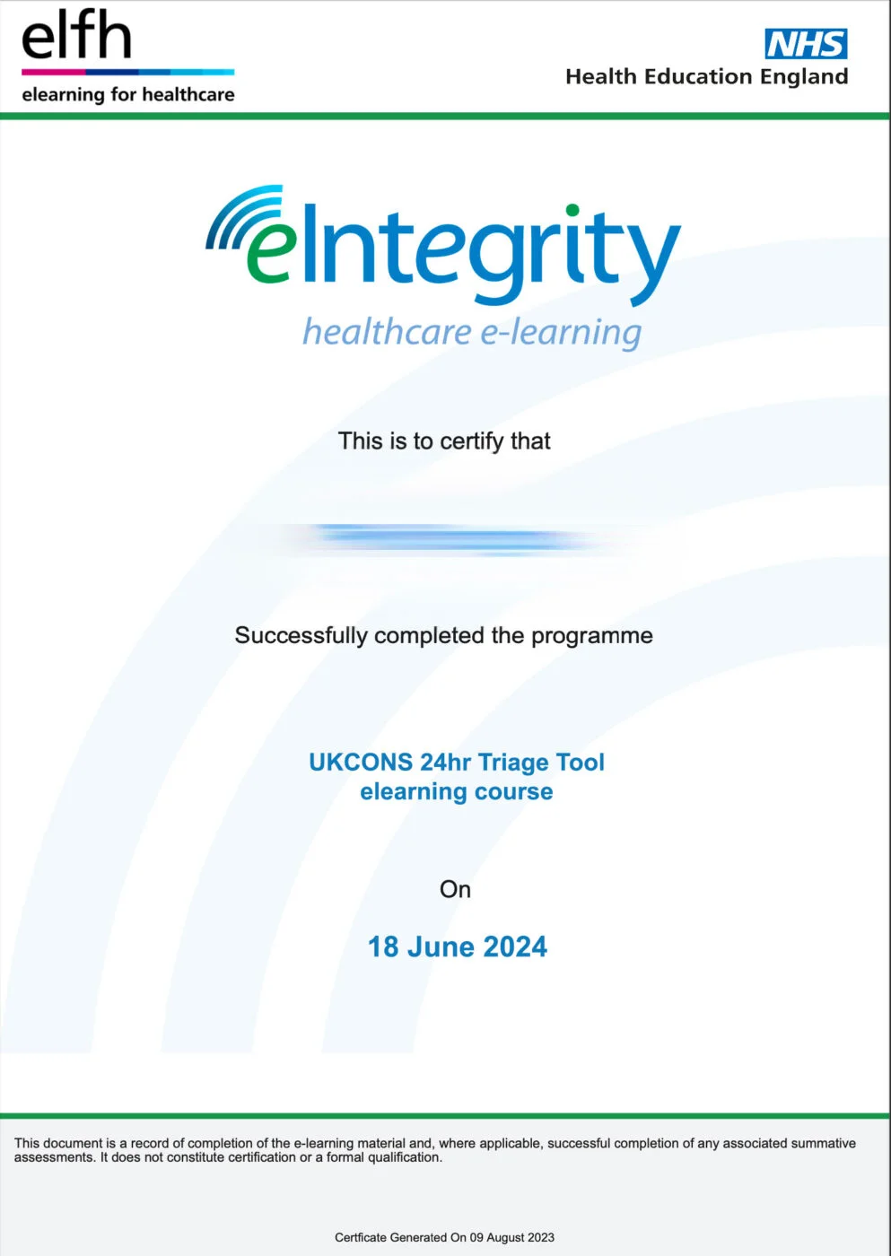 UKCONS 24hr Triage Tool elearning course Certificate