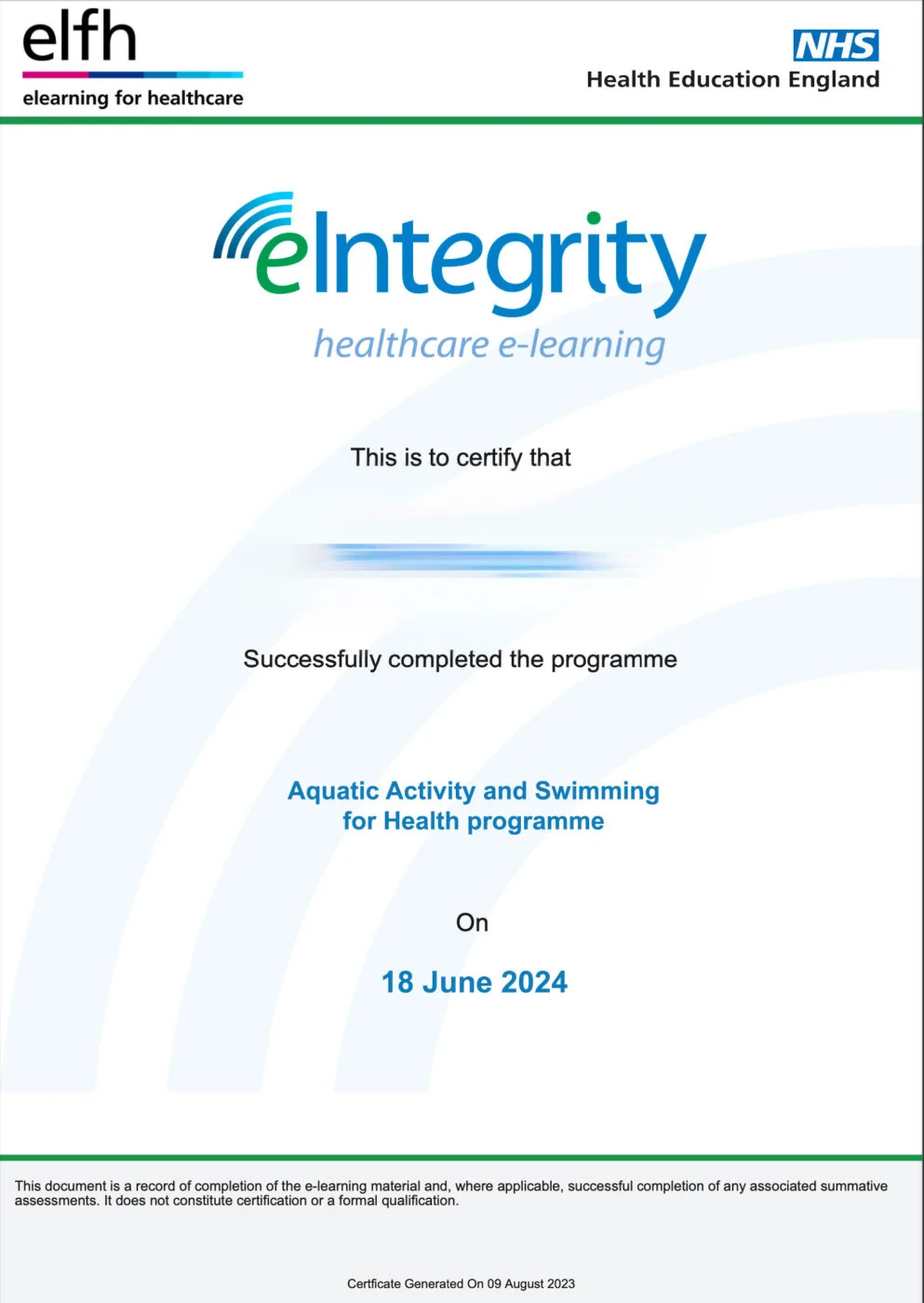 Aquatic Activity and Swimming for Health programme certificate