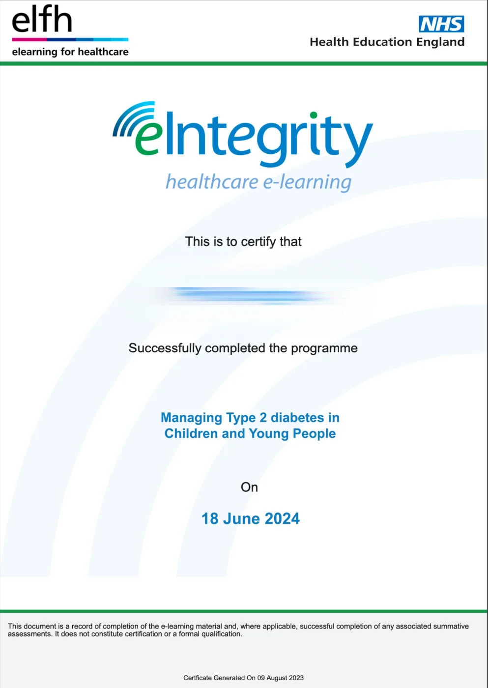 Managing Type 2 diabetes in Children and Young People certificate